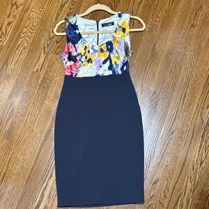 Elie Tahari Navy Midi Dress with Multicolor Floral Bodice